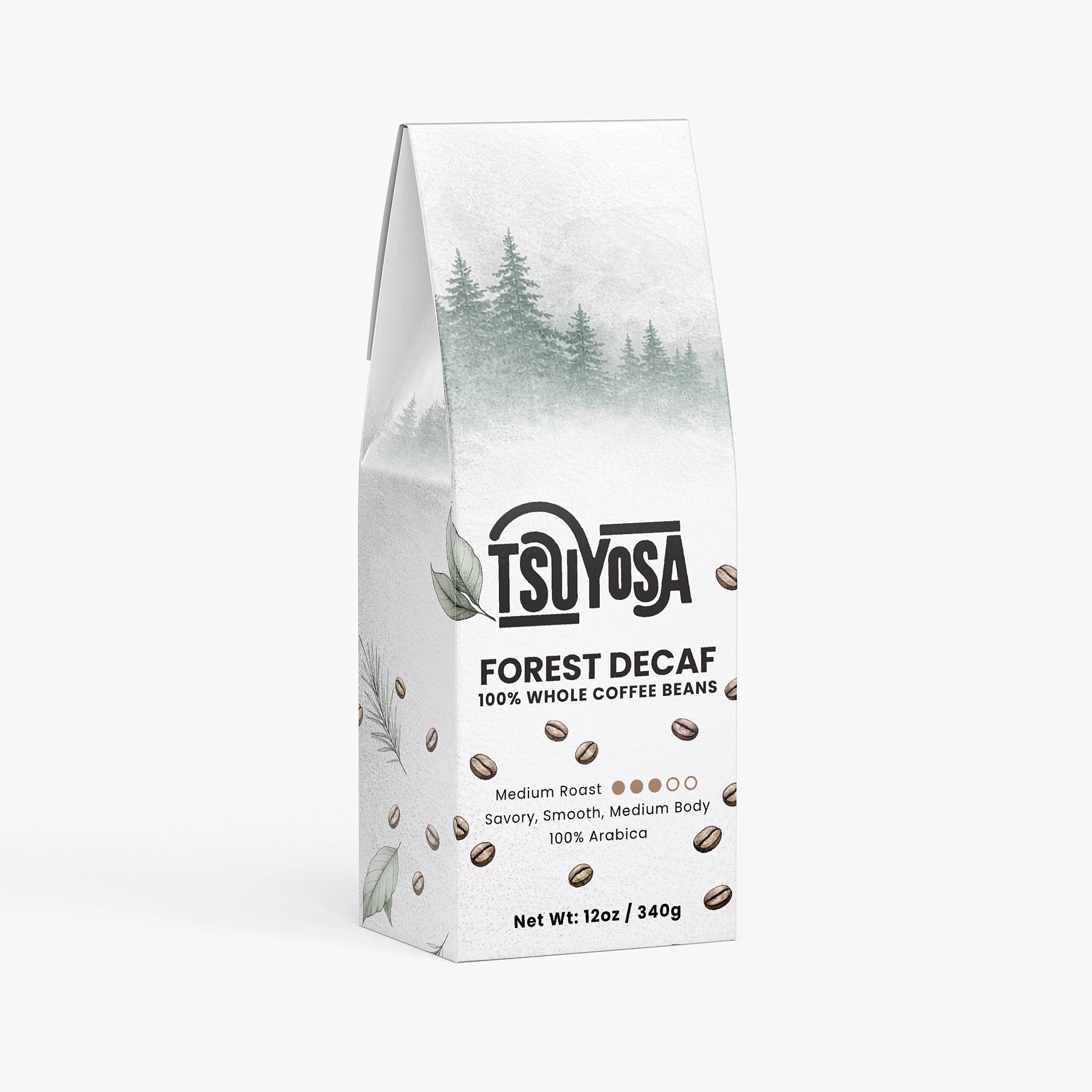 Coffee bean bag labeled 'Tsuyosa Forest Decaf' on a white background